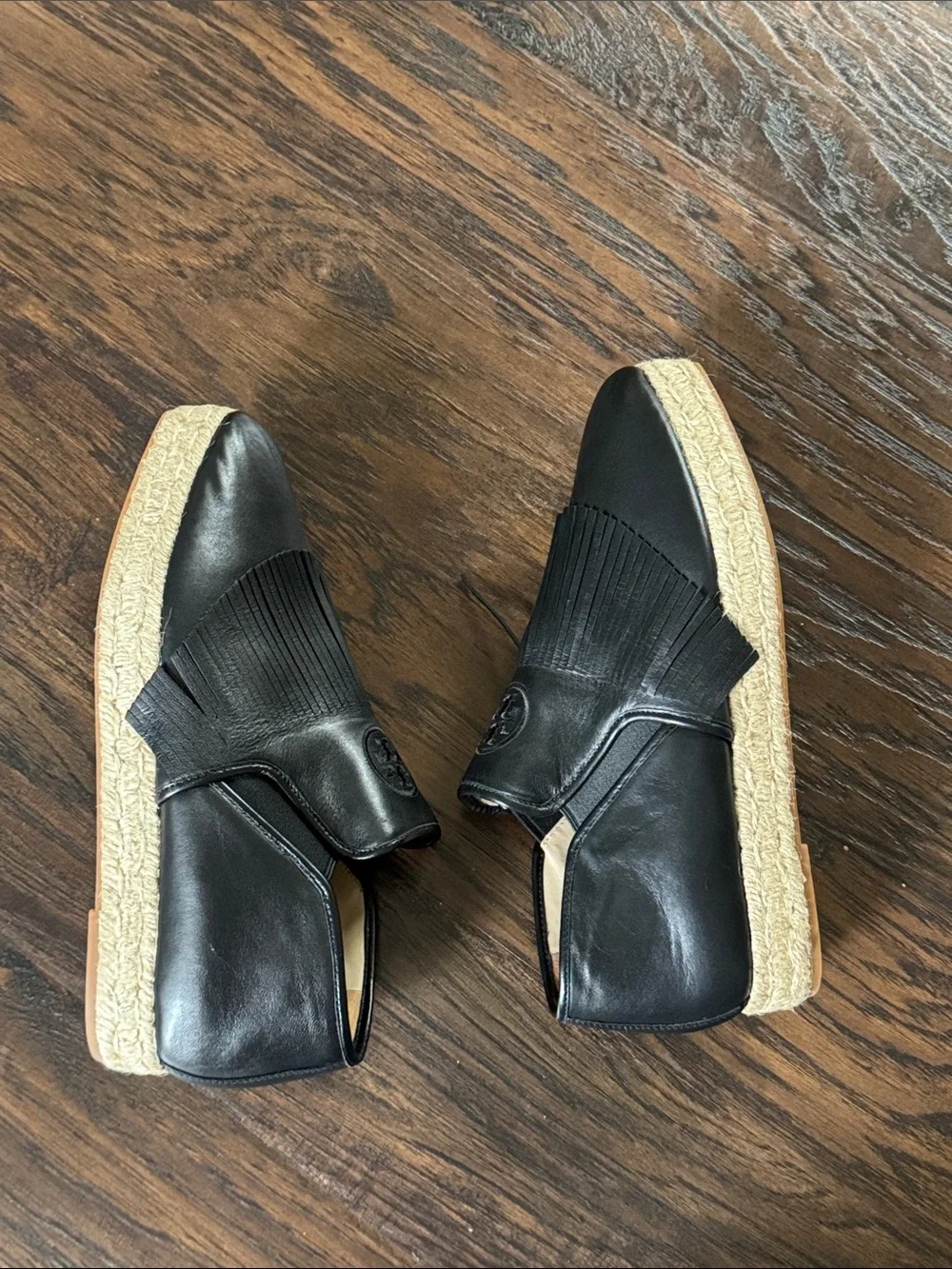 Tory Burch Black Leather Fringe Espadrille Slip-Ons